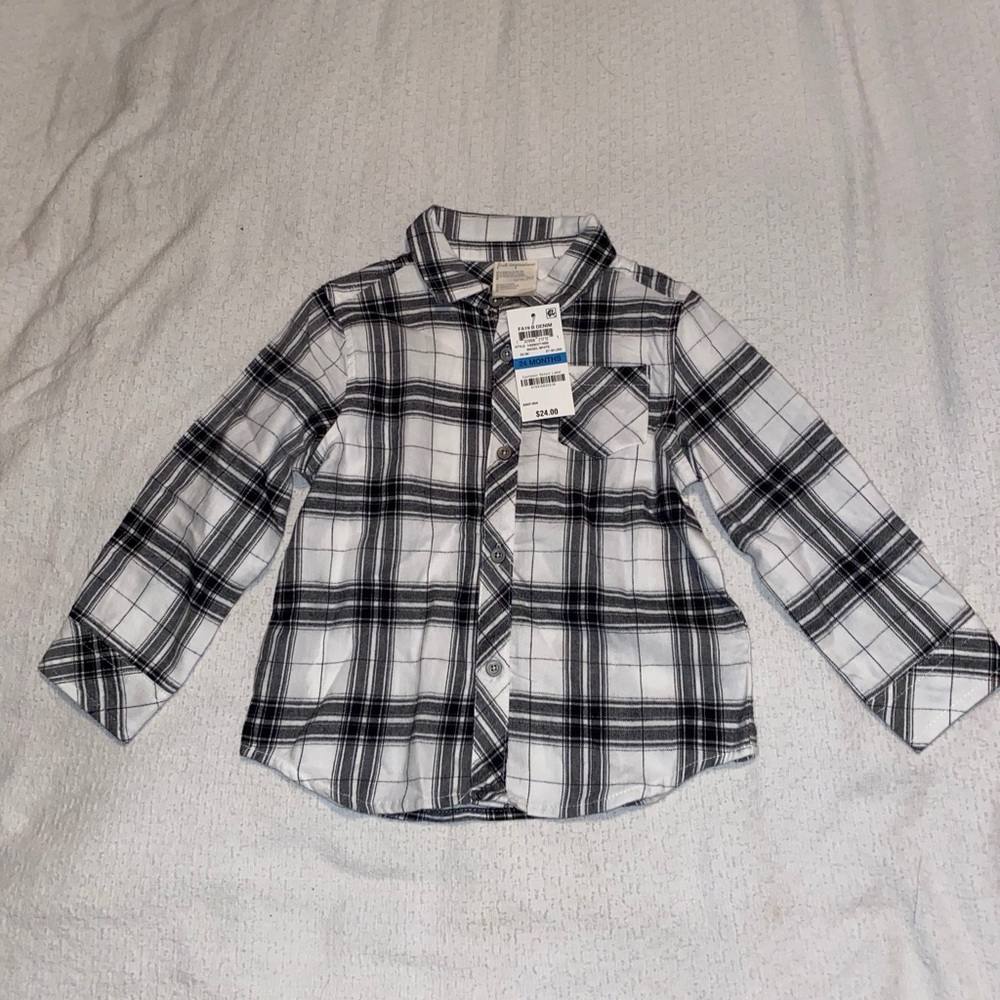 Baby plaid long sleeve black and white shirt.